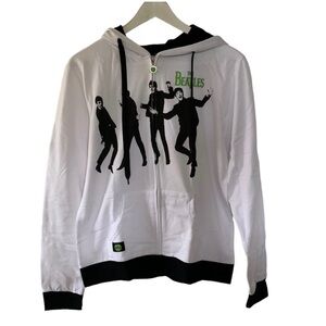 The Beatles Full Zip Lightweight Hoodie Sweatshirt Women White Green Pocket NEW